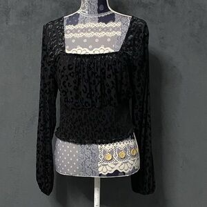 Self E Smocked Crop Top Womens Black Velvet Burnout Animal Print Blouson Sleeve